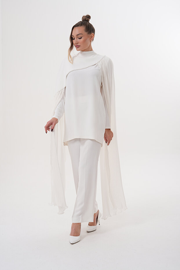 Elegant Pleated Cape Pantsuit Set