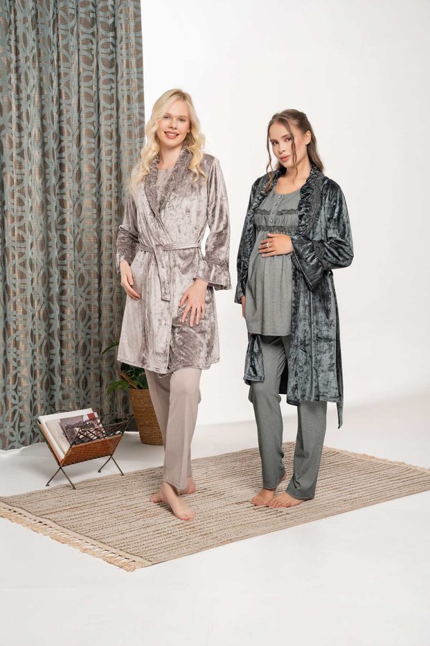 Women's Dark Green Velvet Flounced Special Design Lace Maternity Maternity Dressing Gown Pajama Set