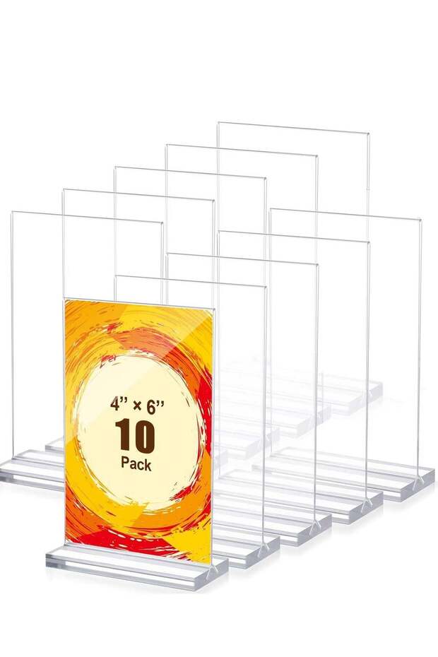 Acrylic Sign Holder A6 10 Packs Double Sided Acrylic Clear T Shape Table Top Display Stand Portrait