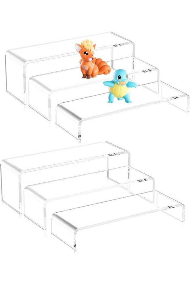 6Pcs Acrylic Display Risers: 9" Large Product Stand 2-Sets Clear Rectangular Shelf for Candy Desser