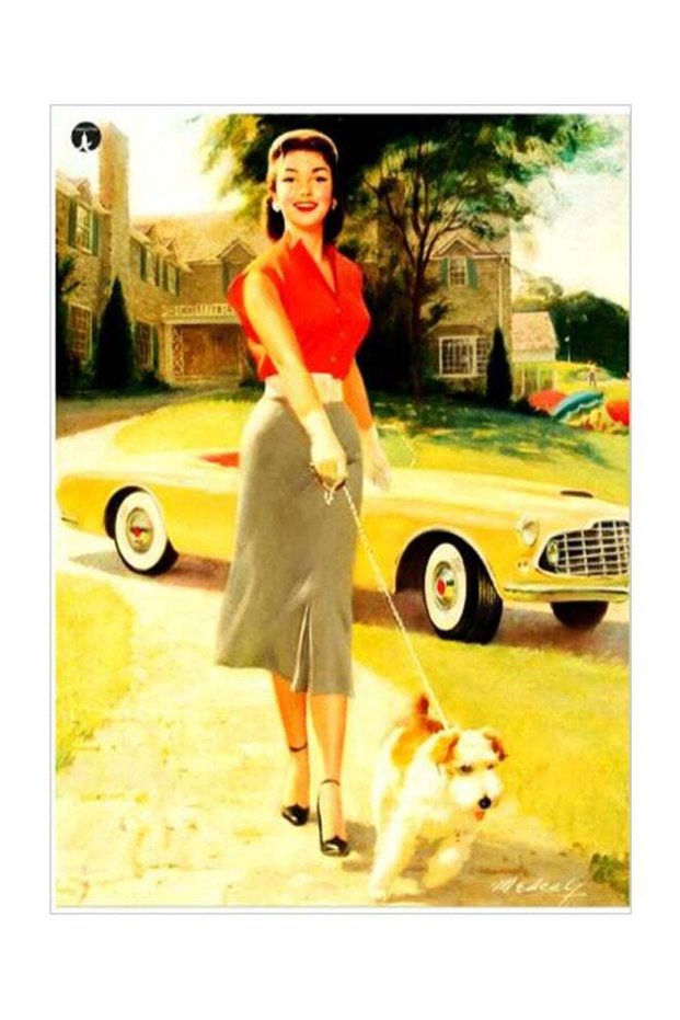 Girl With Dog Printed Decorative Wall Art Plate Yellow/Red/Grey 15x20cm