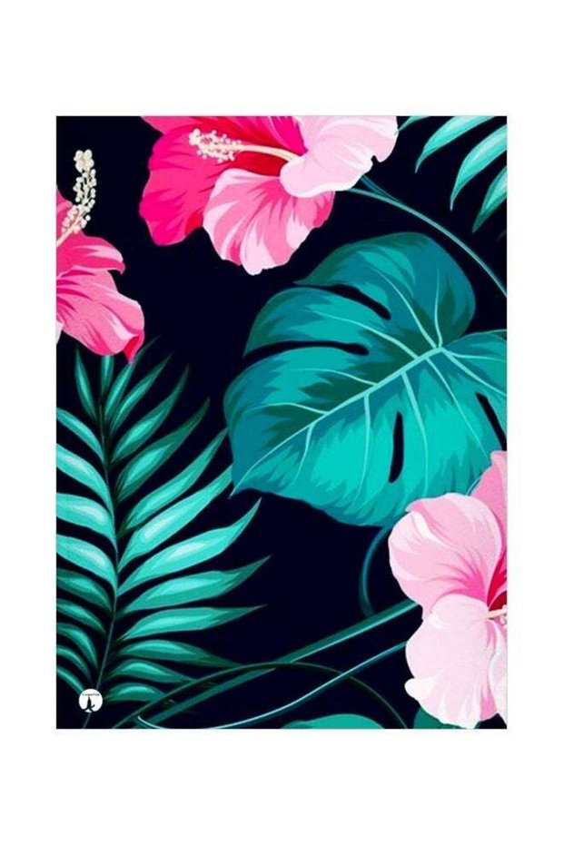 Flowers Themed Decorative Metallic Plate Black/Turquoise/Pink 20x15cm