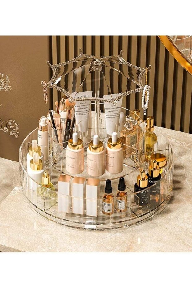 360° Rotating Makeup Organizer, Bathroom Vanity Organizer with Umbrella Hook, Dressing Table Organi