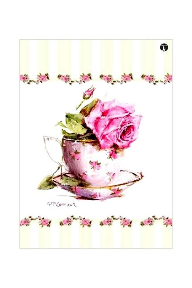 Rose In A Cup Themed Decorative Metallic Plate Pink/Green/White 20x15cm
