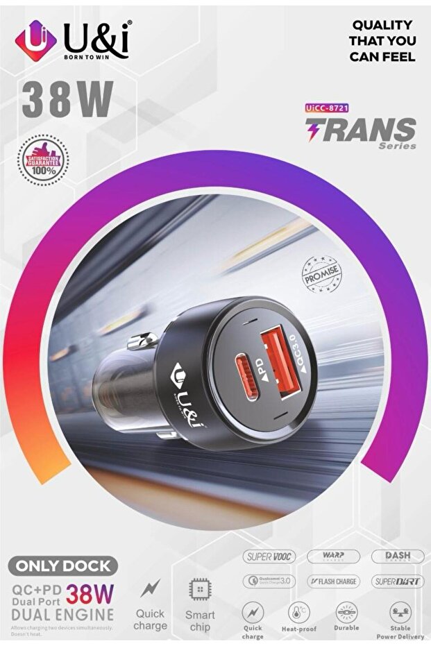U&i 38W Car Charger, Dual Port QC+PD Fast Charging, Smart Chip Technology, Heat-Proof