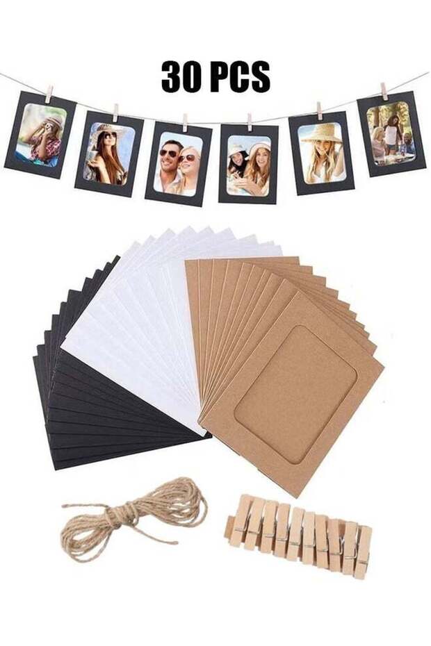 Photo Frame 30 Pack Paper 6x4 Set Multiple Photos Picture Mats with Mini Wooden Clips and String Ha