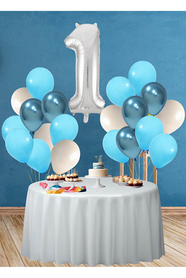 1 Year Old Ocean Themed Birthday Set Chrome Blue Light Blue White Balloons Silver Foil Number