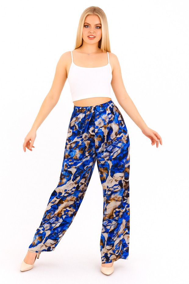 Women's Navy Blue Beige Lacing Detailed Elastic Waist Comfortable Cut Palazzo Viscose Trousers