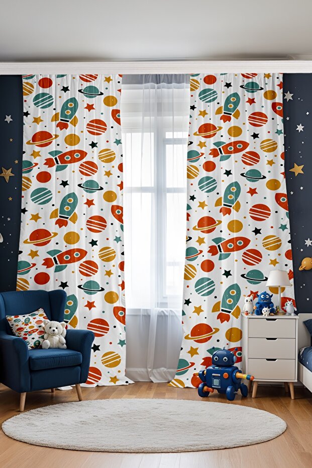 Retro Space Vehicles and Planets Patterned Children's Baby Room Background Curtain (Single Wing Pricing)