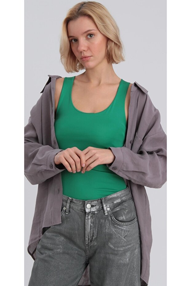 Women's Diver Fabric Emerald Green Tank Top Has Double Fabric on the Chest Area. Ness908654¥£