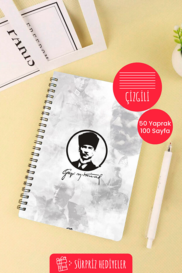 Mustafa Kemal Atatürk Designed A5 Spiral School Notebook 50 Sheets 100 Pages - Lined