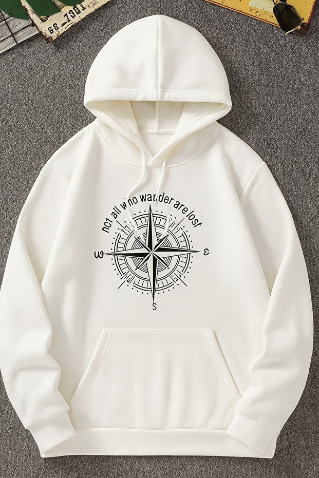 “سويت شيرت بقلنسوة مطبوع عليه بوصلة من القماش بثلاث خيوط للجنسين” - 1