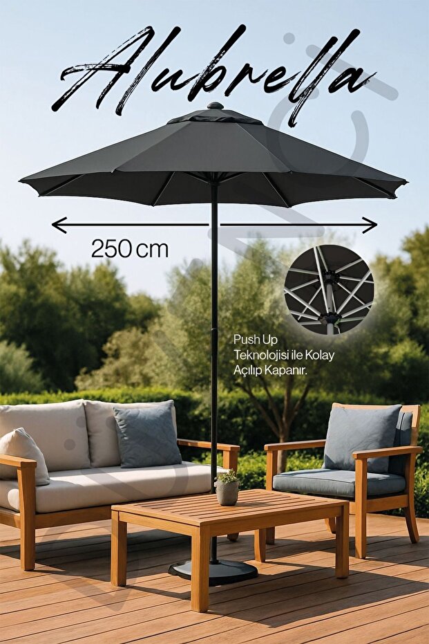 Düvenci Yuvarlak Güneş Şemsiyesi Alubrella Antrasit Renk 250 CM Çap Bidonsuz