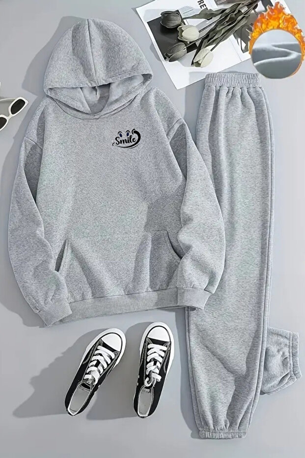 Unisex Smi̇le Minimal Printed Hooded Gray Tracksuit Set - Winter Embossed Fabric