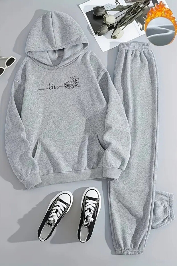 Unisex LOVE STRIPE Printed Hooded Gray Tracksuit Set - Winter Brushed Inside Fabric