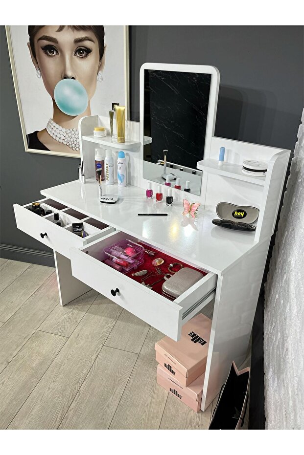 hey modüler mobilya Makyaj Masası Aynalı Tuvalet Masası 2 Çekmeceli Takı Düzenleyici ve Raflı Organizer Beyaz 104 cm