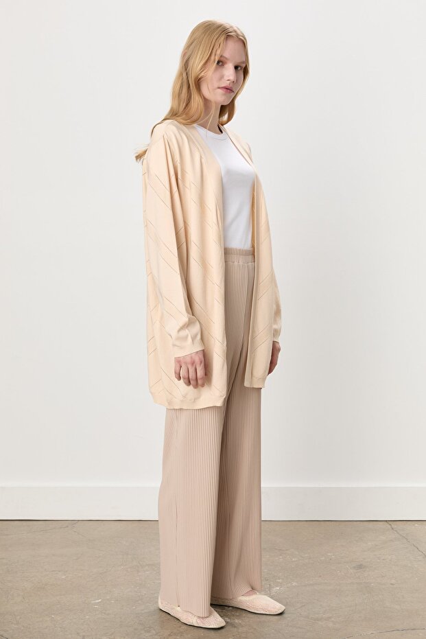 Örme Piliseli Bol Pantolon Bej - 2