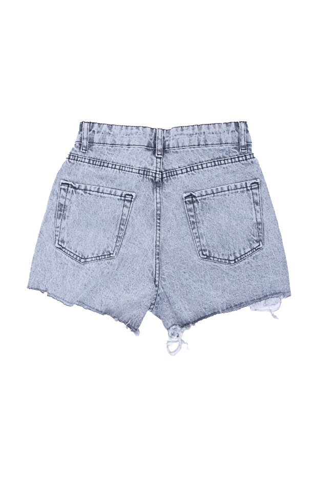 Yırtmaç Paça Detaylı Gri Denim Mini Şort - 2