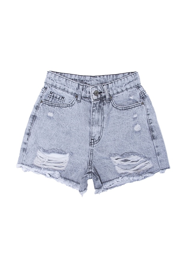 Yırtmaç Paça Detaylı Gri Denim Mini Şort - 1