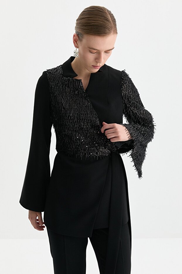 Payetli Bağlamalı Ceket Siyah - 2