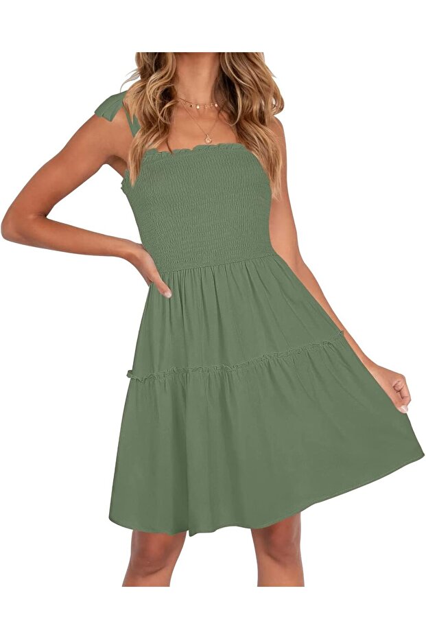 Women's Summer Spaghetti Strap Sleeveless Square Neck Ruffle A Line Swing Mini Dress