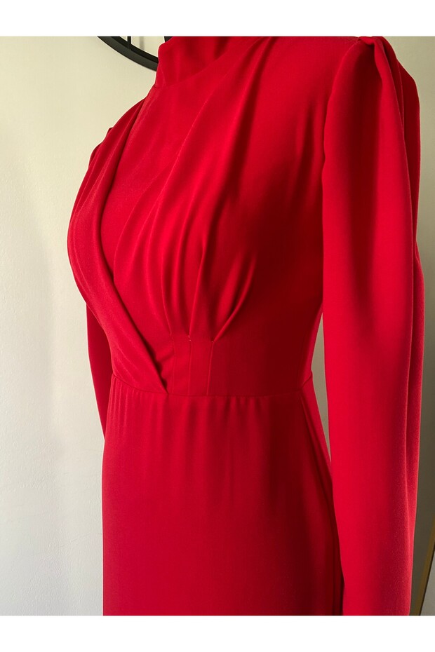 Krep Drapeli Elbise Kırmızı - 4