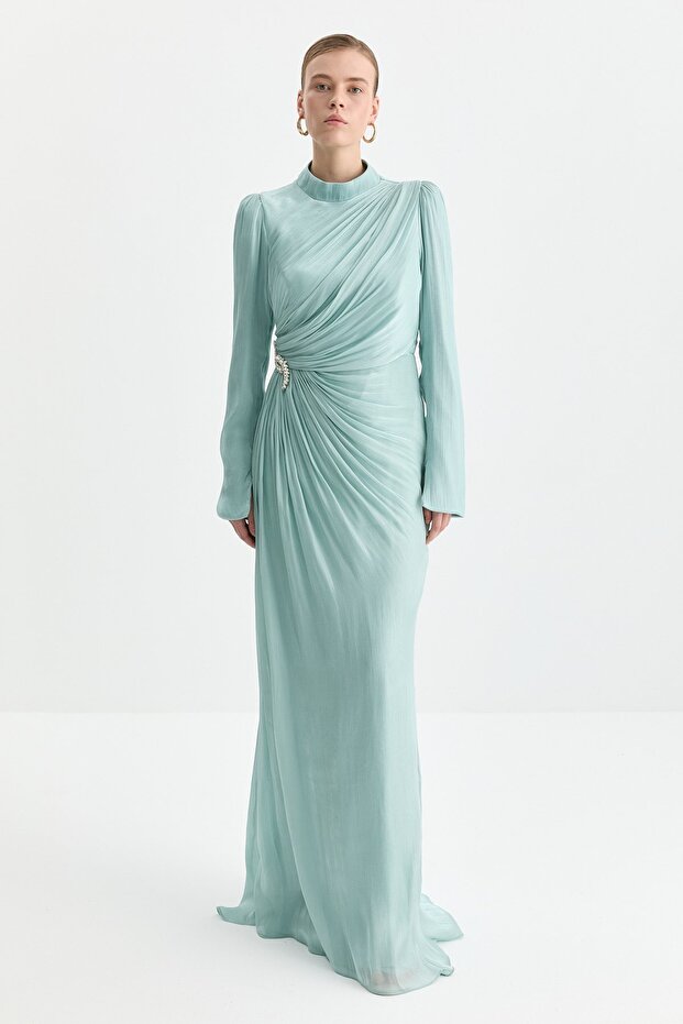 Taş Aksesuarlı Drapeli Abiye Mint - 1