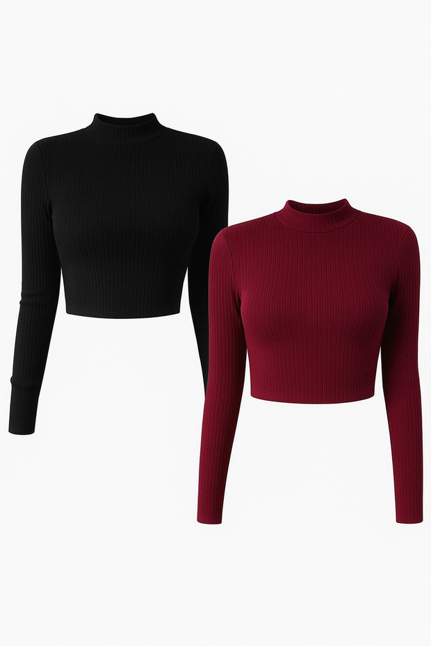 Women's 2-Piece Ribbed Turtleneck Knitted Camisole Long Sleeve Crop Blouse