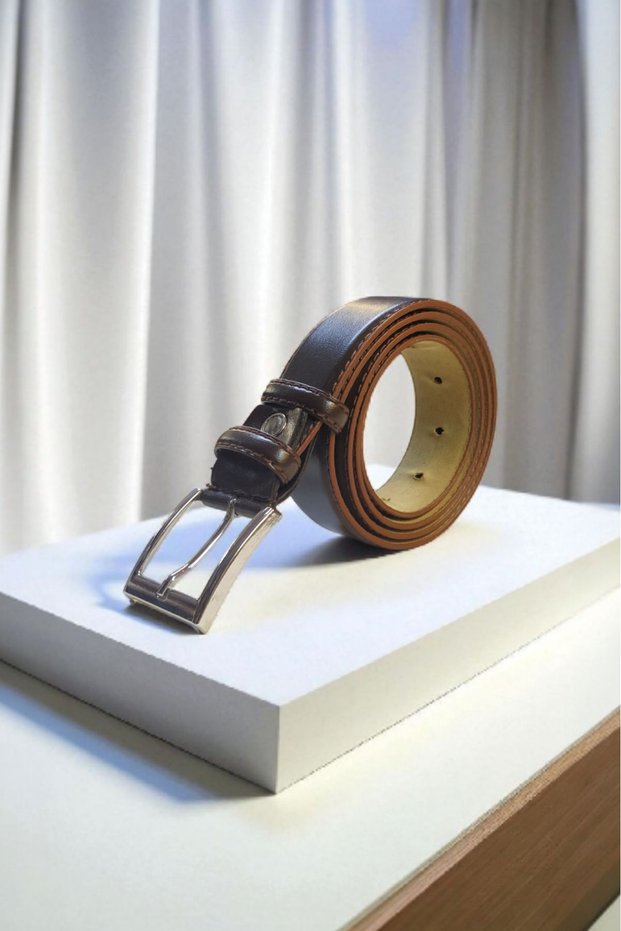 5177 - 3 cm Old Money Stitched Brown Faux Leather Men's Belt