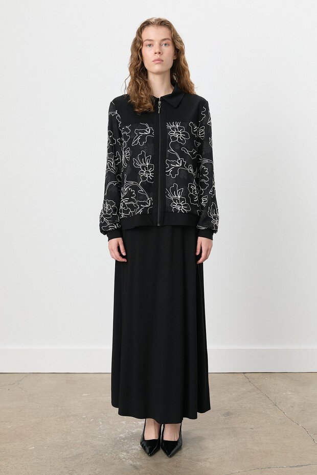 Embroidery Detailed Skirt Jacket Knitted Suit Black