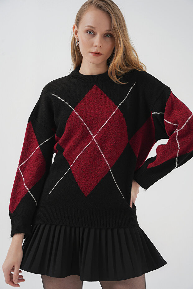 Women's Diamond Patterned Oversize Sweater D. Black 1225