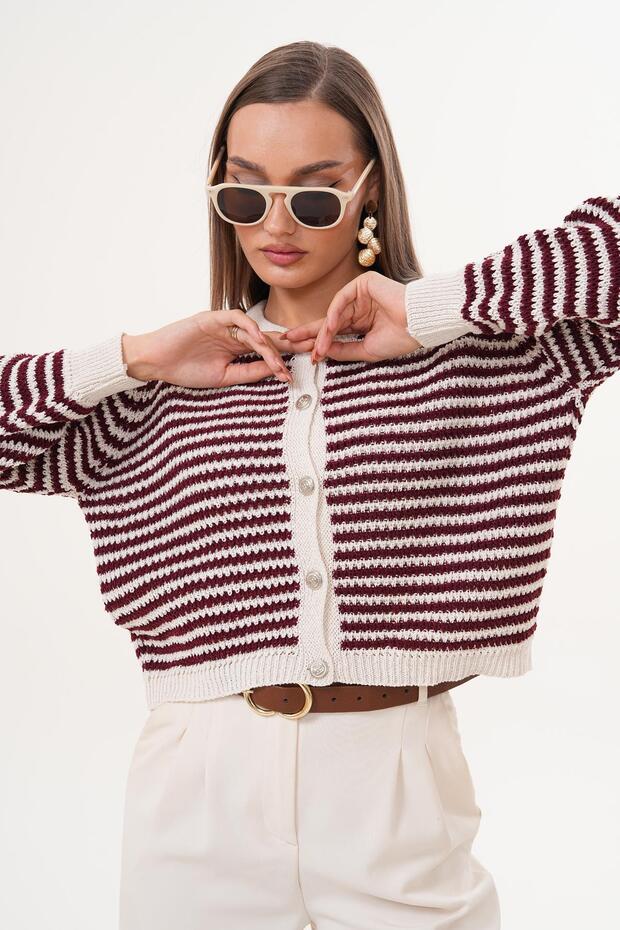 Women's Stripe Patterned Metal Buttoned Knitwear Knitted Cardigan 255210 -