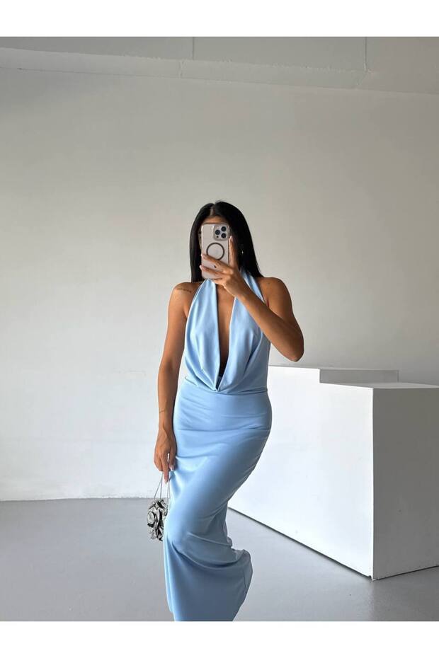 Shawl Collar Lycra Stretch Fabric Low-Cut Detailed Women's Maxi Evening Dress 52225052