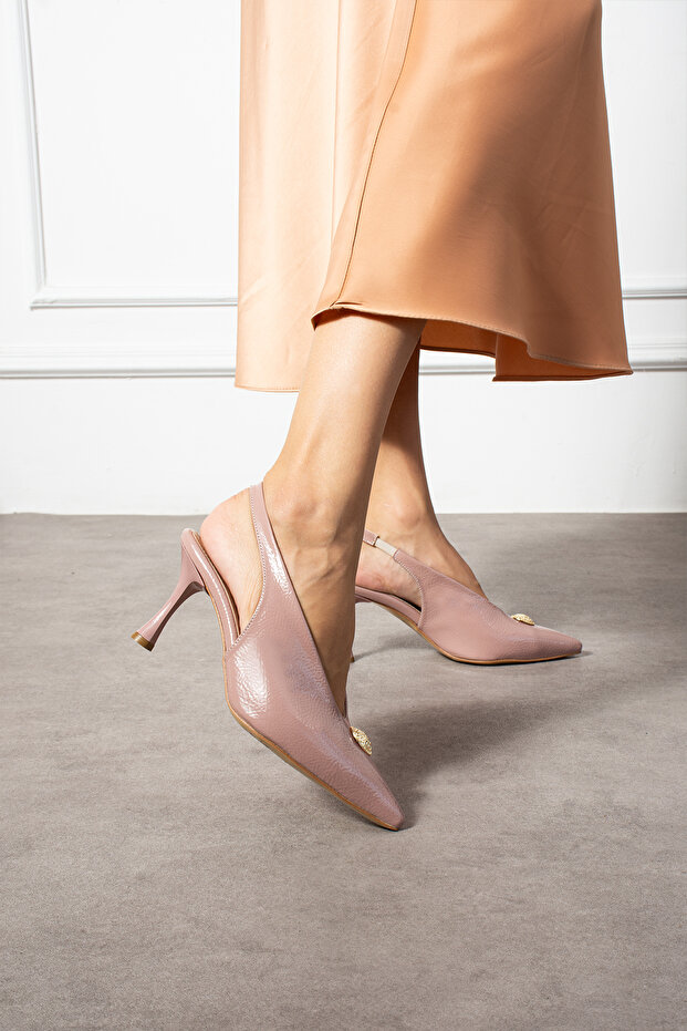 Gül Kurusu Rugan Düğme Detaylı Slingback İnce Topuklu Kadın Stiletto – Şık ve Zarif Abiye Ayakkabı - 2