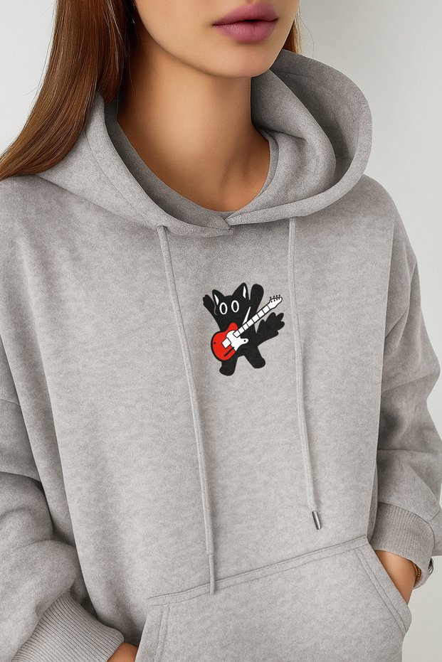 Scared Guitarist Cat Printed Hoodie Women Black&Gray Sweatshirt - Women Printed Hoodie