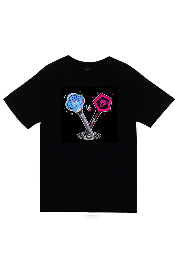 K-Pop Demon Hunters & Saja Boys Glowing Light Sticks Printed Unisex 100% Cotton Black T-Shirt