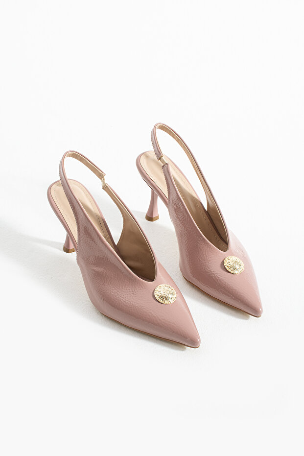 Gül Kurusu Rugan Düğme Detaylı Slingback İnce Topuklu Kadın Stiletto – Şık ve Zarif Abiye Ayakkabı - 6