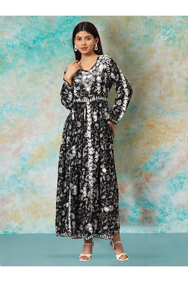 Hand Embroidered Lucknowi Chikankari Printed Mulmul Cotton Jalabiya-AL3936