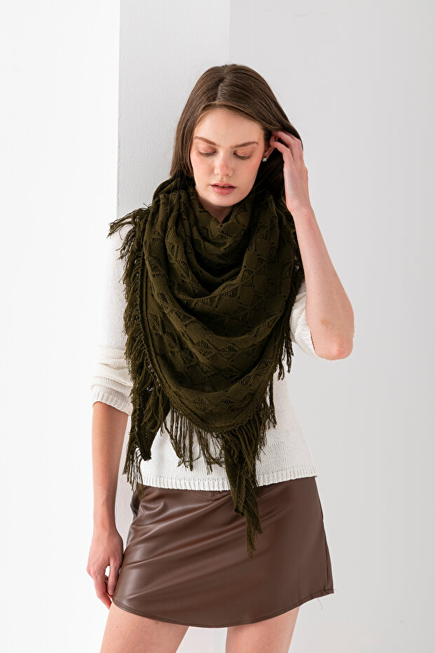 T-Crazy Openwork Patterned Triangle Shoulder Shawl, Stylish and Practical Knitwear Knitted Accessory with Tassels, Triangle Knitwear Shawl - 8