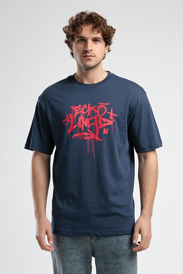 Oculus Navy Blue Crew Neck Printed Oversize Men's Tshirt