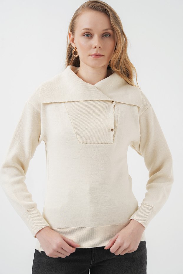 Women's Wide Collar Knitwear Sweater Cream 1246