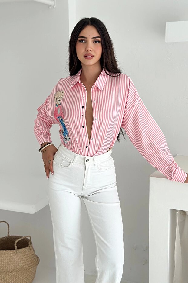 Ayıcık Baskılı Gömlek Pembe - 6