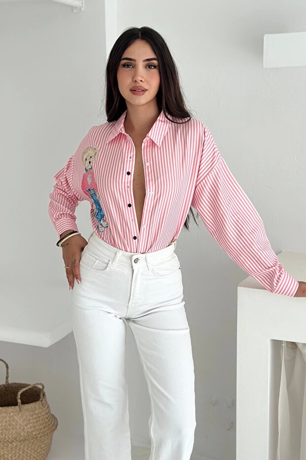 Ayıcık Baskılı Gömlek Pembe - 8