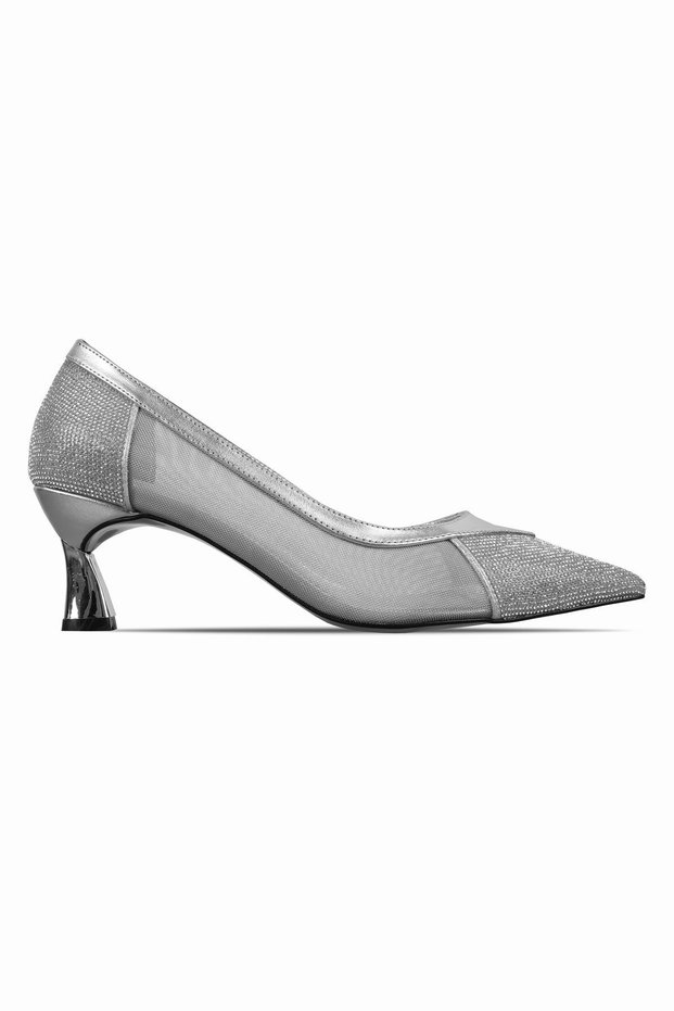 Rigy Women's Shiny Stone Detailed Pointed Toe Mesh Evening Dress Heeled Shoes 4108