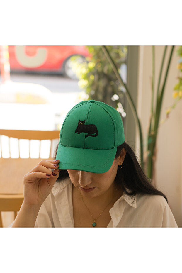 Nakışlı Yeşil Şapka Pamuklu Kumaşlı ve Siyah Kedi Nakışlı Şapka Günlük Tarz Ayarlanabilir Şapka - 5