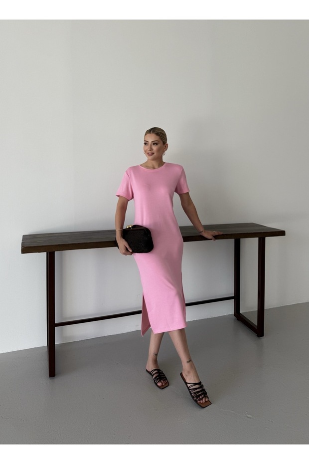 Pink Side Slit Short Sleeve Midi Dress