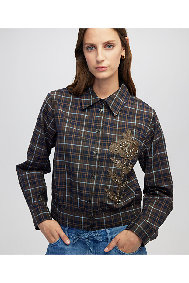Deri aplikeli ekose desen gömlek - 2