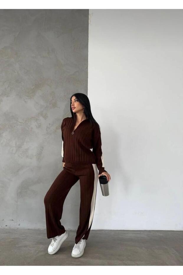 Dgn's Half Zippered Vertical Striped 2-Piece Twill Sweater-Pants Women's Knitwear Set