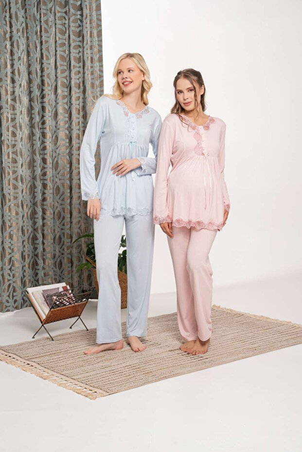 Women's Blue Special Design Lace Long Sleeve Cotton Maternity Pajama Set