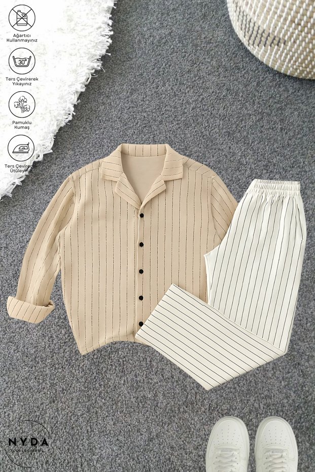 Men's Crepe Fabric Striped Lycra Oversize Long Sleeve Shirt with Pockets Elastic Waist Lace-Up Trousers Set